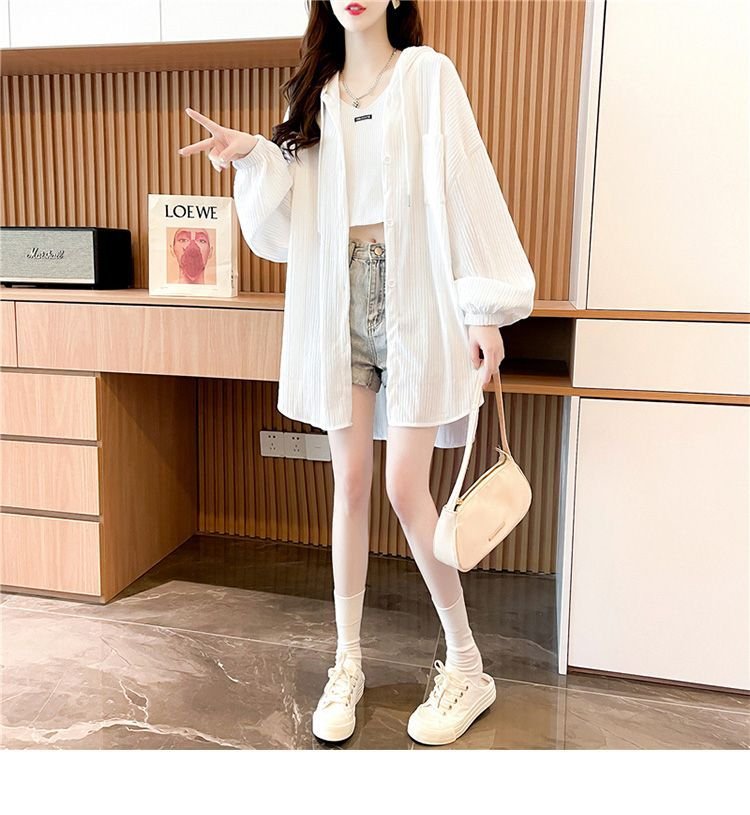 シャツ 長袖 ゆったり 春夏 カジュアル 前開き 春 夏 ミモレ 薄手 フード ポリエステル