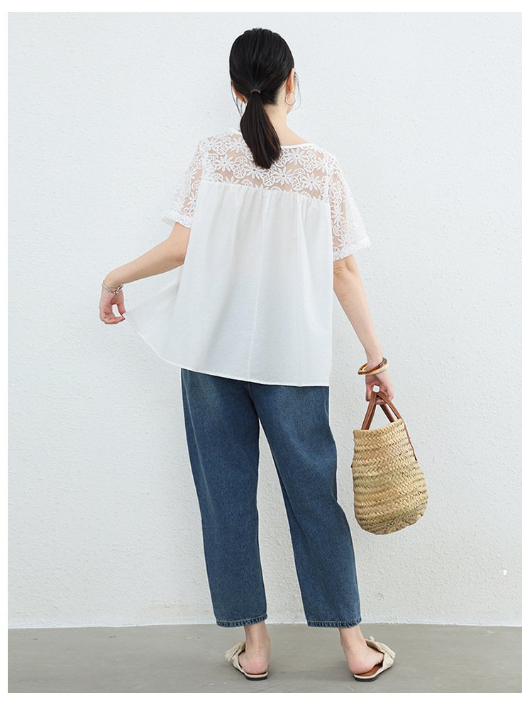 シャツ トップス Tシャツ 半袖 無地 ゆったり 春夏 きれいめ 通勤 大きいサイズ 前開き 春 夏 ラウンドネック レース シンプル 上品