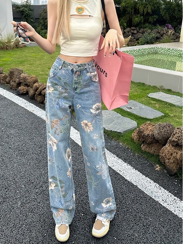 レディース パンツ ボトムス ワイドデニム フラワープリント Gパン ワイド ポケット ハイウエスト ヴィンテージライク デニム ブルーデニム かわいい 大人可愛い シンプル カジュアル おしゃれ かっこいい こなれ感 ラフ 主役級 存在感 抜け感 ナチュラル 花柄 フラワー ロングシーズン シーズンレス デート お出かけ イベント 女子会 休日 ショッピング カフェ 体型カバー 美脚 脚長 普段使い 着回し インスタ映え スタイリッシュ スタイルアップ S M L XL 2XL 3XL ブルー