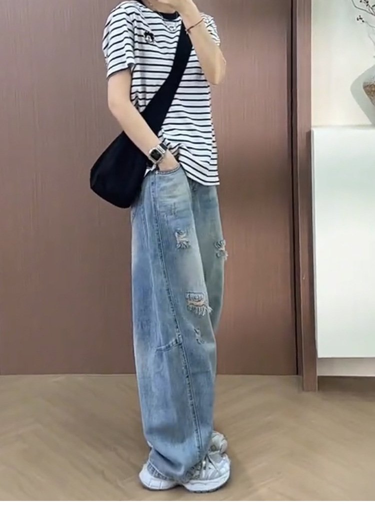 レディース パンツ ゆったり ワイド コットン 綿 デニム 夏 秋冬 カジュアル 大きいサイズ 秋 冬 スリム ロング ストレート ロングパンツ デニムパンツ ハイウエスト ダメージ