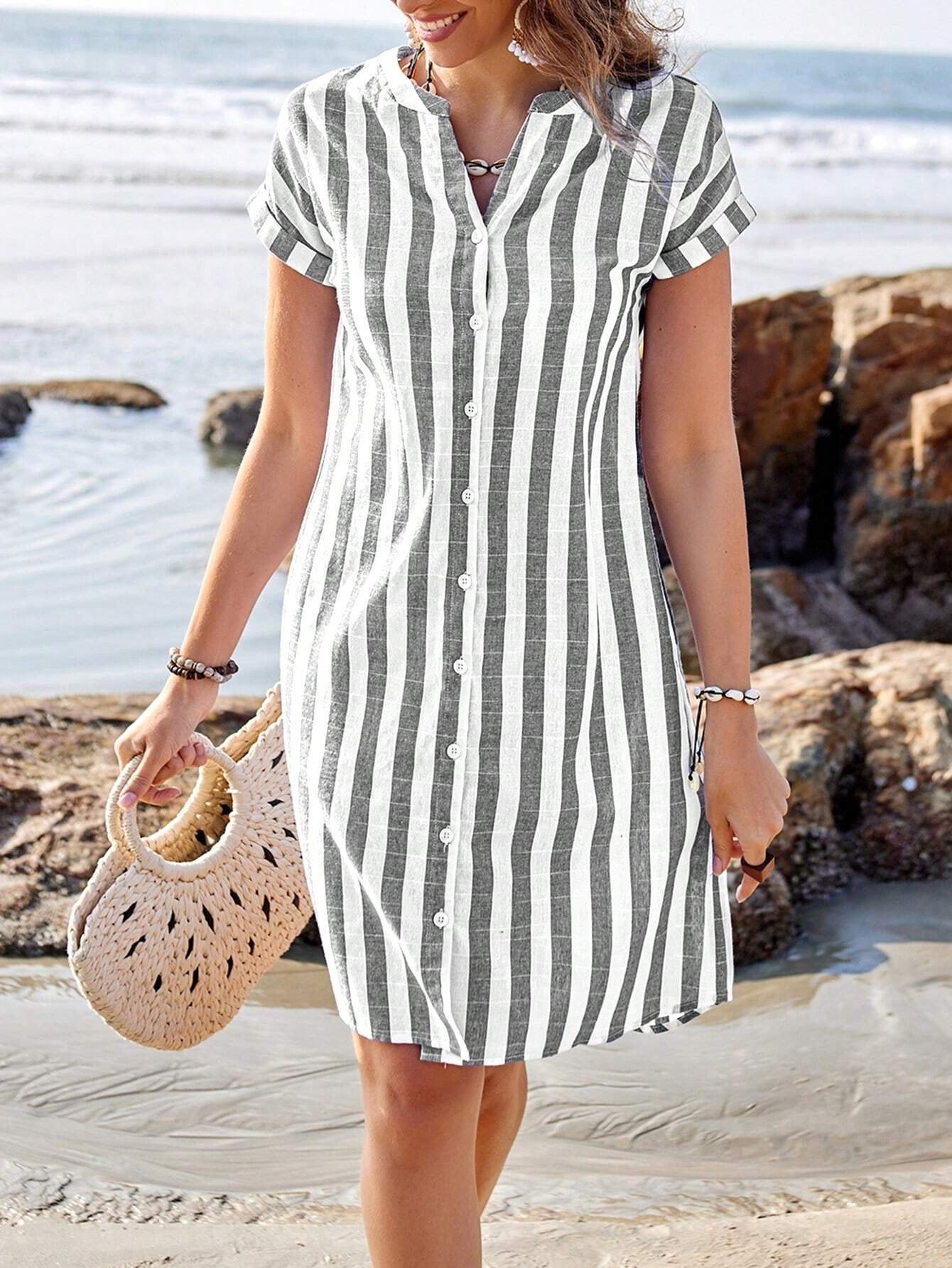 レディース シャツ トップス 半袖 ボーダー ストライプ ゆったり コットン 綿 春夏 カジュアル きれいめ 通勤 体型カバー 前開き 春 夏 ハイネック 上品 ロング スタンドカラー ボタン ポリエステル