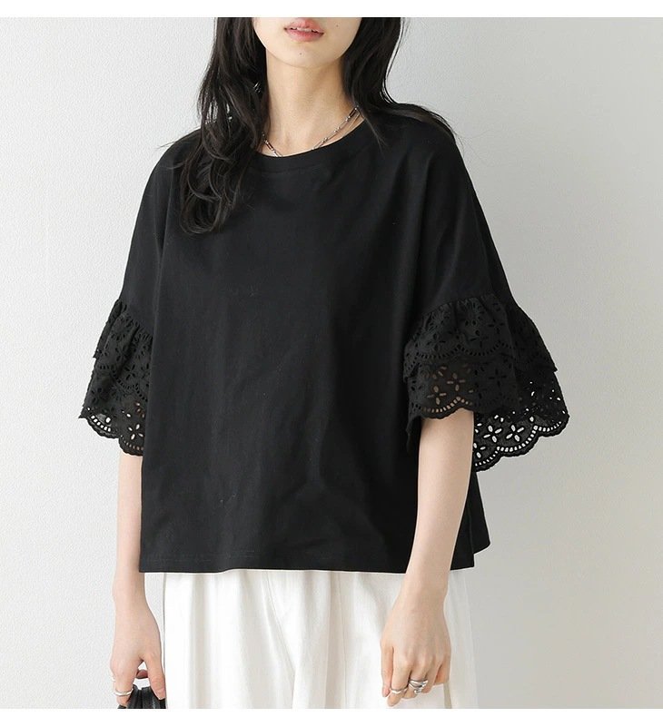 レディース トップス Tシャツ 半袖 ゆったり 春夏 カジュアル 体型カバー 春 夏 ホワイト ラウンドネック レース シャツ レギュラー