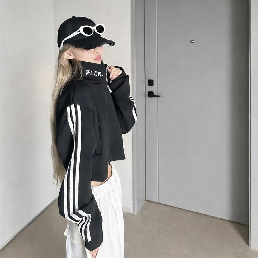 レディース トップス Tシャツ ジャケット 長袖 ボーダー ストライプ オーバーサイズ スリム 秋冬 秋 カジュアル アメリカン きれいめ ショート 冬 ブラック 上品 シャツ 切り替えデザイン スウェット ヴィンテージ 立ち襟 UVカット