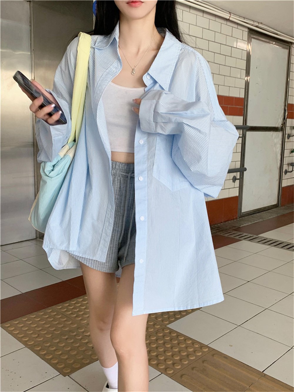 レディース シャツ カーディガン コート 長袖 ボーダー ストライプ ゆったり 春夏 カジュアル 前開き 春 夏 ロング 切り替えデザイン ポリエステル