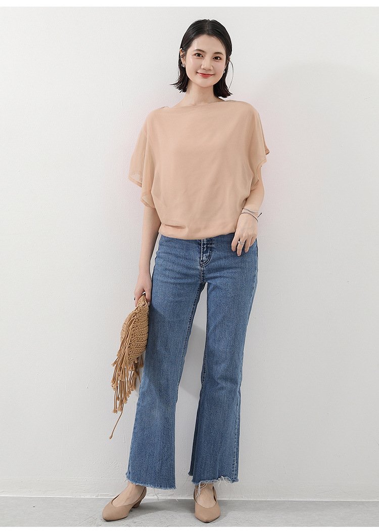 トップス Tシャツ 半袖 無地 ゆったり スリム 春夏 きれいめ 通勤 体型カバー 春 夏 ラウンドネック 上品 シフォン シャツ 薄手 丸襟 レギュラー ポリエステル