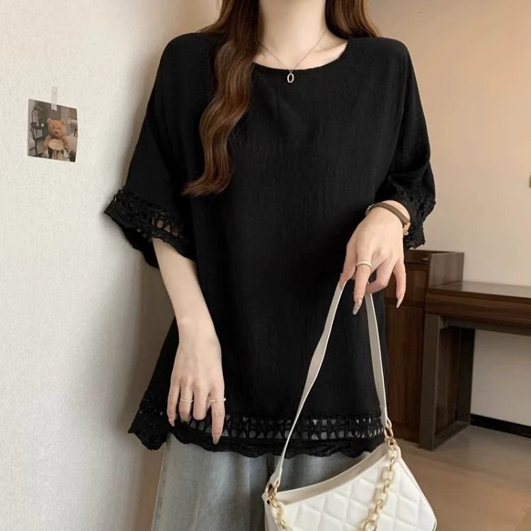 トップス 半袖 無地 ゆったり 春夏 カジュアル 大きいサイズ 春 夏 ラウンドネック レース シンプル ミモレ ポリエステル