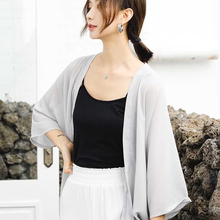 レディース カーディガン プリント ゆったり Vネック 白 ショート シフォン 薄手 切り替えデザイン 9分袖 アウター ショール