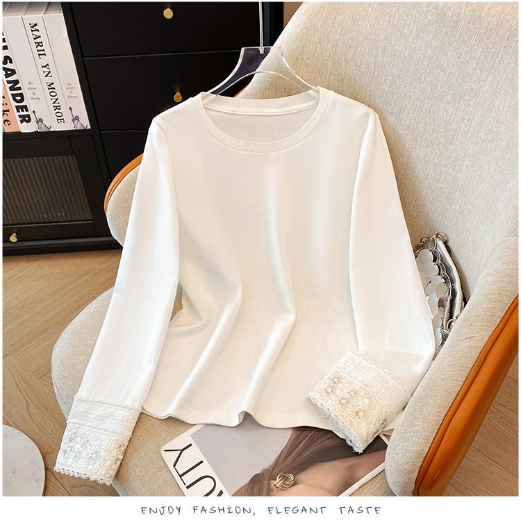 レディース Tシャツ 長袖 無地 春夏 きれいめ 春 白 夏 膝丈 ラウンドネック レース シンプル 上品 シャツ 切り替えデザイン ポリエステル