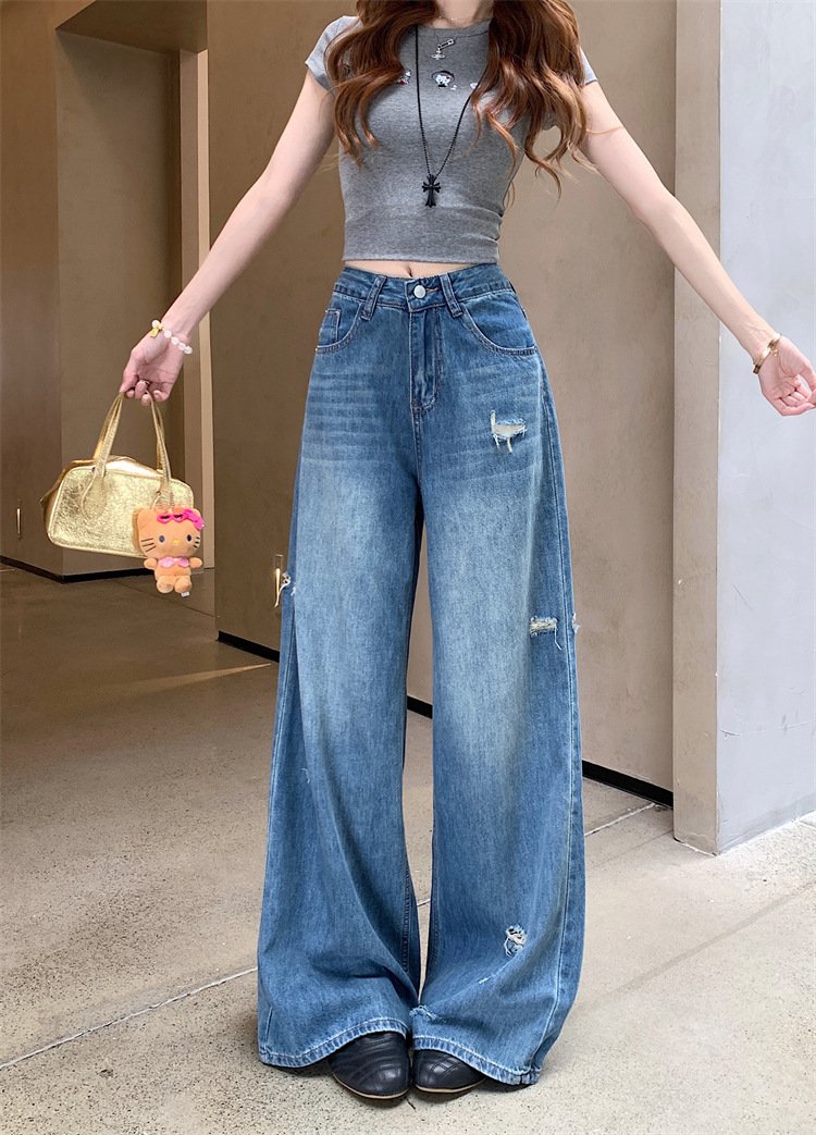 レディース パンツ ゆったり ワイド コットン 綿 デニム 春夏 カジュアル 春 夏 ロング デニムパンツ ブルー ハイウエスト ストレッチ ダメージ