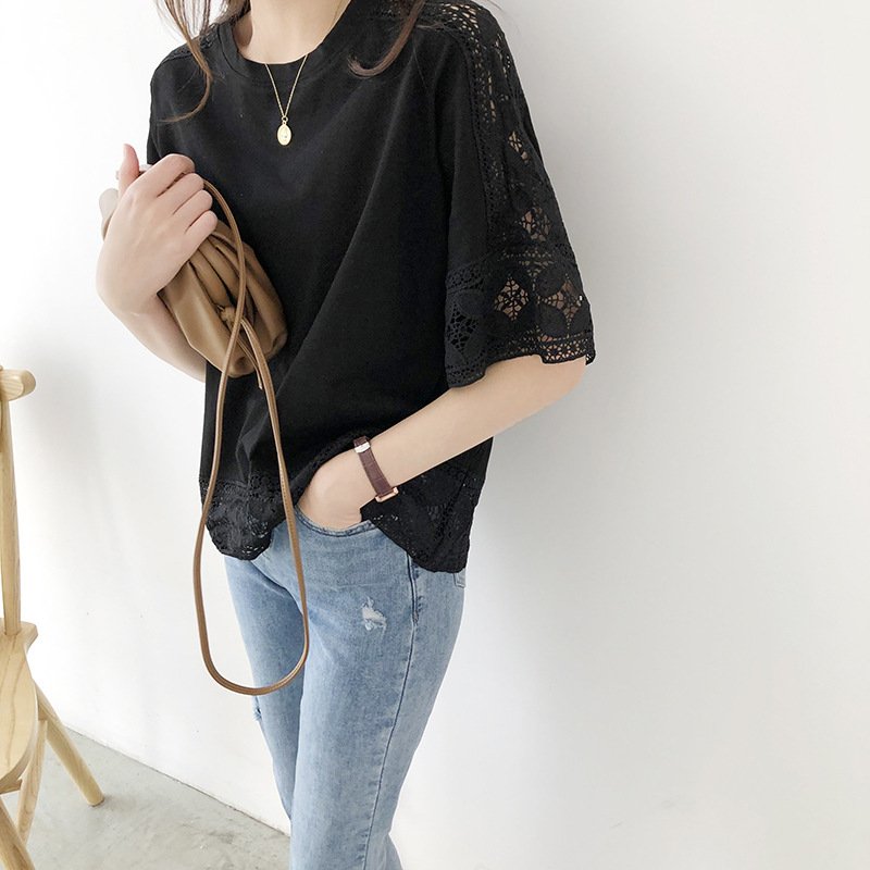 レディース トップス Tシャツ ボーダー ストライプ 無地 ゆったり コットン 綿 夏 秋冬 春夏 ホワイト ラウンドネック 秋 レース シンプル 冬 シャツ