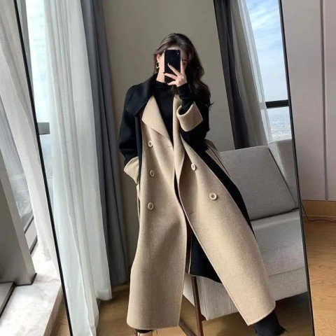 レディース コート 長袖 冬 ロング ウール 切り替えデザイン 襟付き タイ