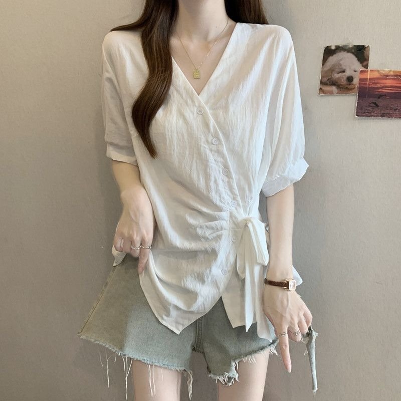 レディース シャツ トップス Tシャツ 半袖 無地 スリム 春夏 きれいめ 通勤 大きいサイズ 前開き Vネック 春 夏 シンプル リボン 個性的 レギュラー ボタン ポリエステル