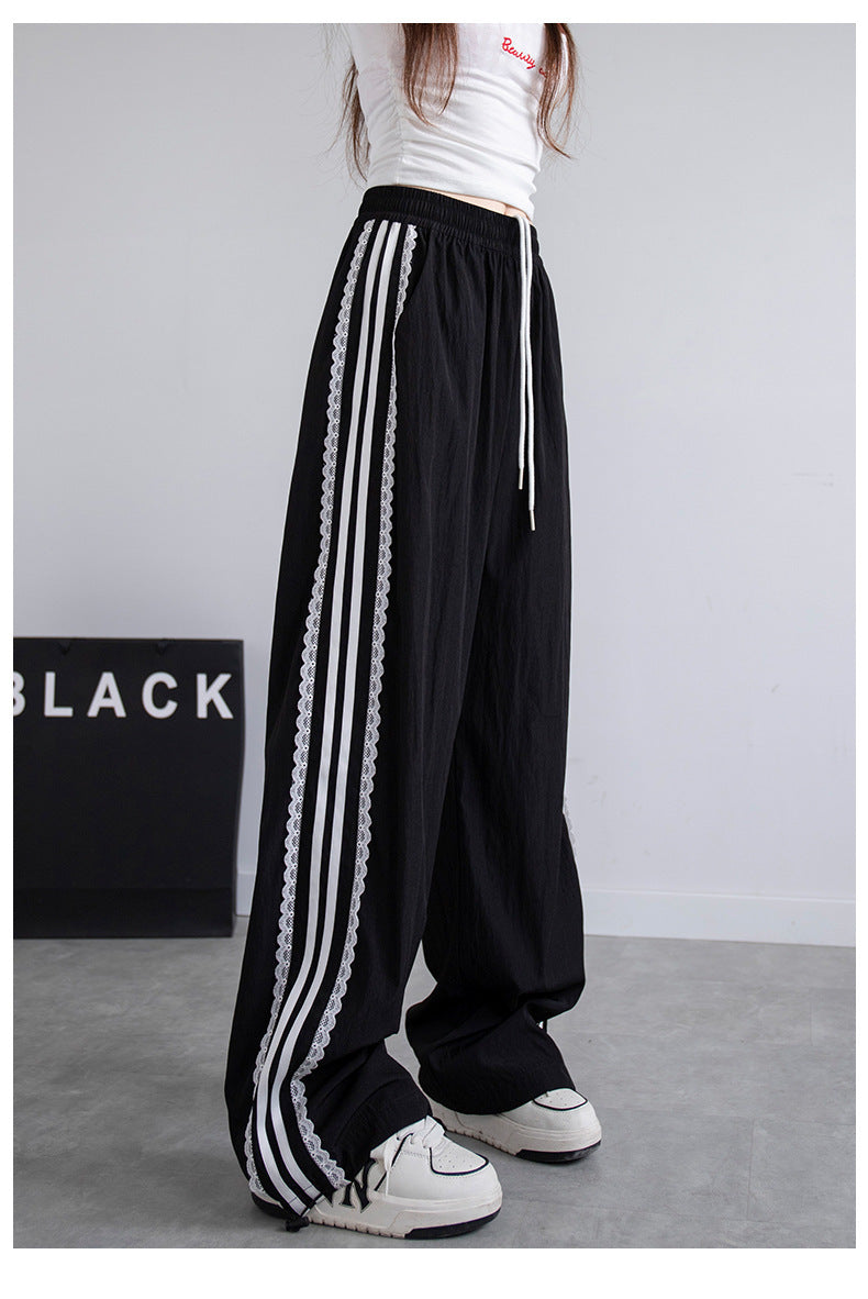 レディース パンツ ボトムス ストレートパンツ ロングパンツ ワイドパンツ ロング ストレート Iライン レース ウエストリボン ポケット ハイウエスト 切り替えデザイン 薄手 シンプル カジュアル おしゃれ こなれ感 メンズライク スポーティー 個性的 主役級 存在感 都会的 ナチュラル 春 夏 秋 ロングシーズン 部活 デート お出かけ 旅行 韓国 オルチャン 楽ちん 美脚 脚長 普段使い インスタ映え 定番 S M L XL ゆったり ゆる 白 ホワイト 黒 ブラック