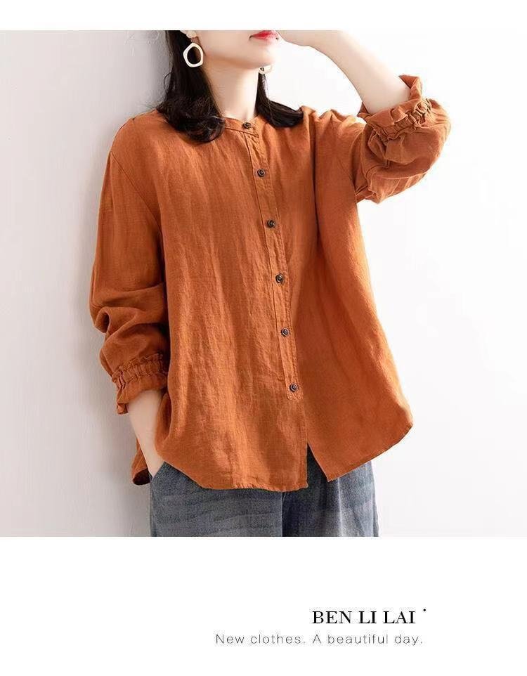 レディース シャツ ジャケット ゆったり コットン 綿 春 秋 カジュアル レトロ 体型カバー 春夏 前開き 膝丈 ラウンドネック