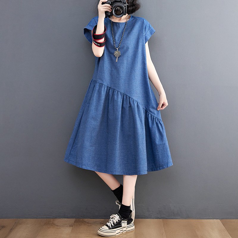 ワンピース 半袖 デニム 夏 春夏 ラウンドネック ロング 上品 大きい ポリエステル