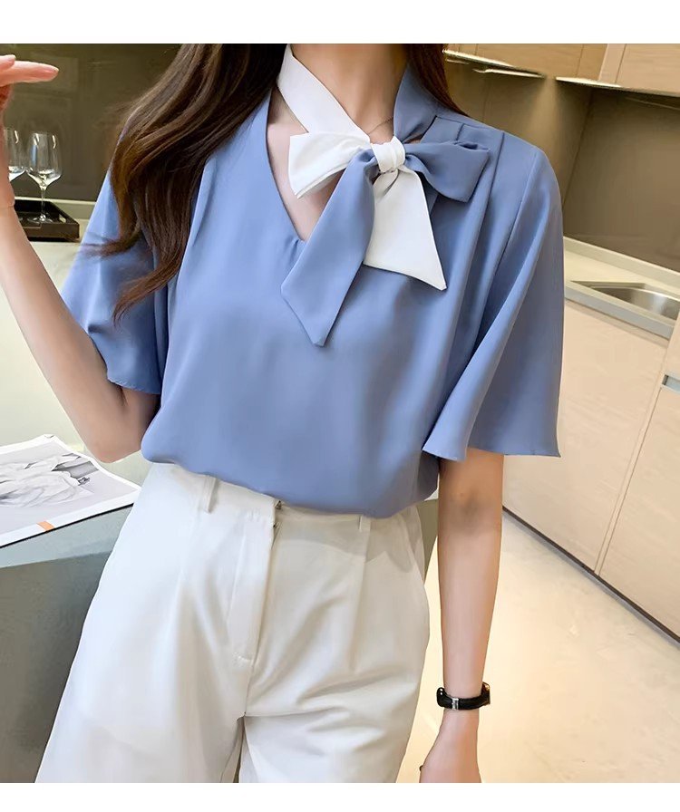 レディース ブラウス シャツ トップス 半袖 長袖 ゆったり 夏 秋冬 春夏 前開き Vネック 秋 冬 シフォン フリル ポリエステル