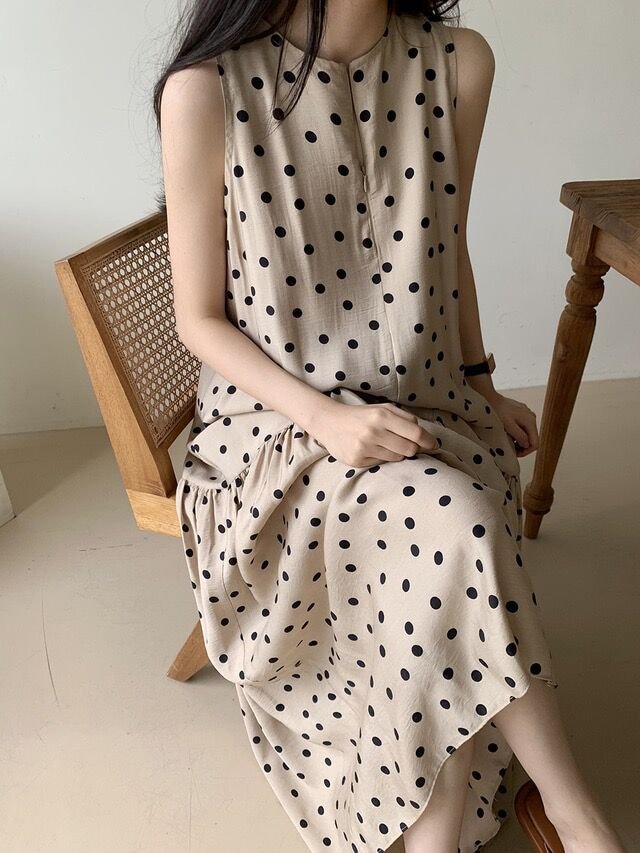 ドレス ノースリーブ 春夏 きれいめ 袖なし 春 夏 ラウンドネック ドット リゾート ロング