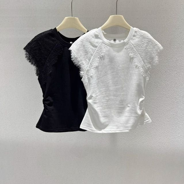レディース トップス Tシャツ 半袖 コットン 綿 春夏 カジュアル プリーツ 春 ショート 夏 膝丈 ラウンドネック タイト レース シンプル 細身 クルーネック シャツ フレンチスリーブ タイ 着痩せ