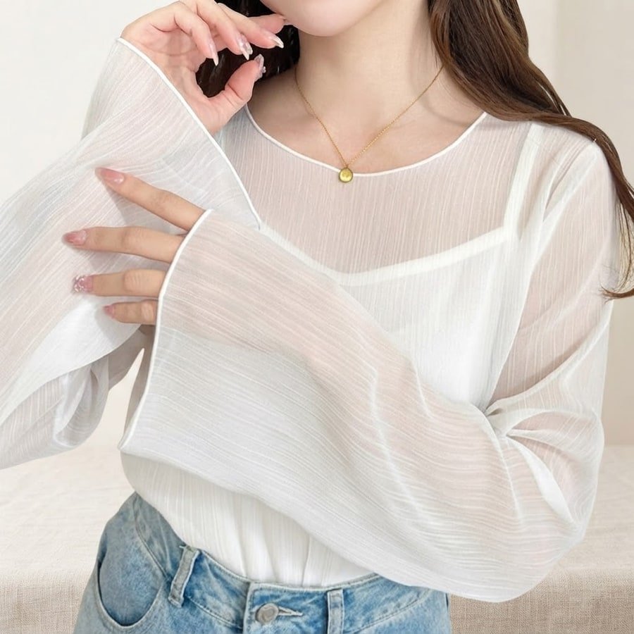 ブラウス シャツ トップス 長袖 無地 春夏 きれいめ 通勤 前開き 春 夏 レース シンプル 韓国ファッション シフォン 透け感 都会的