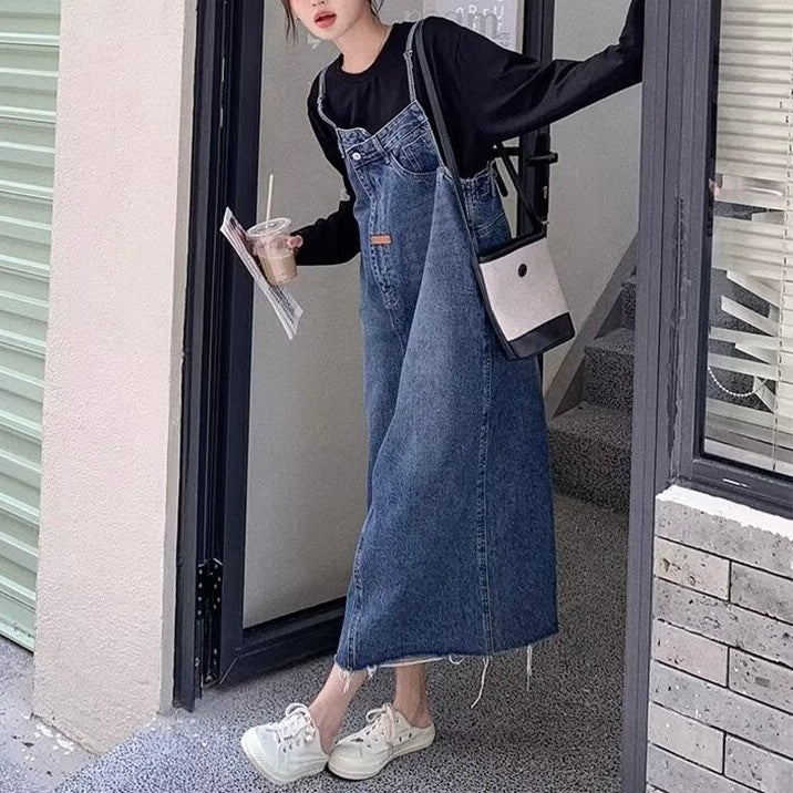 レディース ワンピース デニム ジャンパースカート デニムスカート カバーオール マキシ 袖なし ノースリーブ スクエアネック セミフレア アシンメトリー フェミニン ストリート スリット バックスリット ポケット ヴィンテージ アメカジ ダメージ ブルーデニム フリンジ かわいい 大人可愛い シンプル カジュアル おしゃれ かっこいい レトロ ベーシック オールシーズン 重ね着 レイヤード S M L XL 2XL 3XL 4XL 5XL 小さいサイズ 大きいサイズ ビッグ ゆったり ゆる ブルー 青