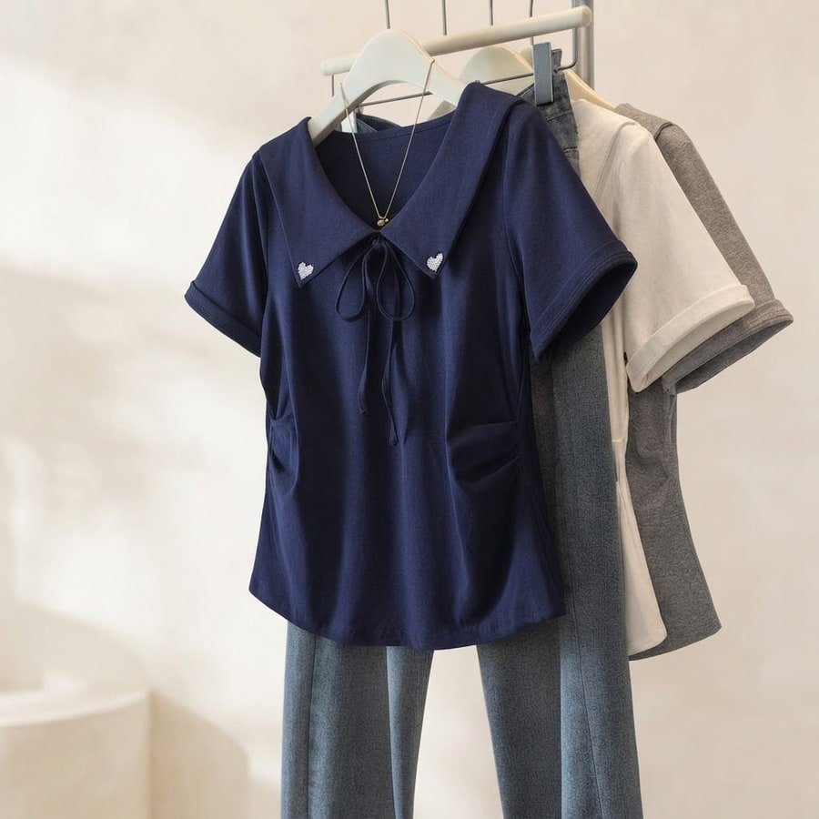 レディース シャツ Tシャツ 半袖 コットン 綿 春夏 カジュアル 大きいサイズ おしゃれ 前開き 春 夏 タイト シンプル 細身 リボン 切り替えデザイン 襟付き タイ レギュラー 着痩せ