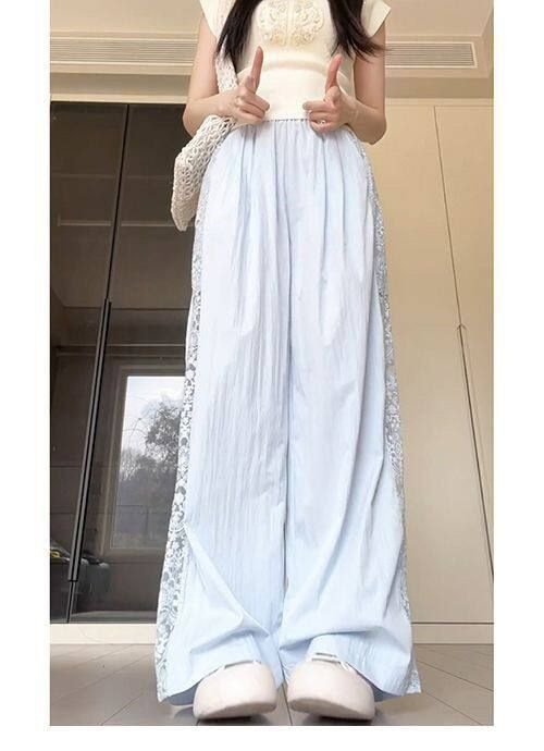 レディース パンツ ゆったり ワイド 春夏 カジュアル 大きいサイズ 春 夏 レース スリム ロング ワイドパンツ 薄手 切り替えデザイン 速乾 ポリエステル