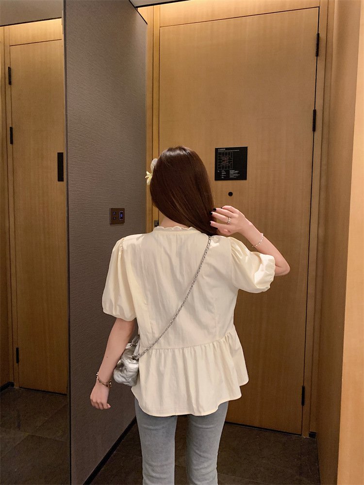 レディース シャツ 半袖 無地 春夏 レトロ 前開き 春 白 夏 ラウンドネック シンプル パフスリーブ レギュラー ポリエステル 白シャツ