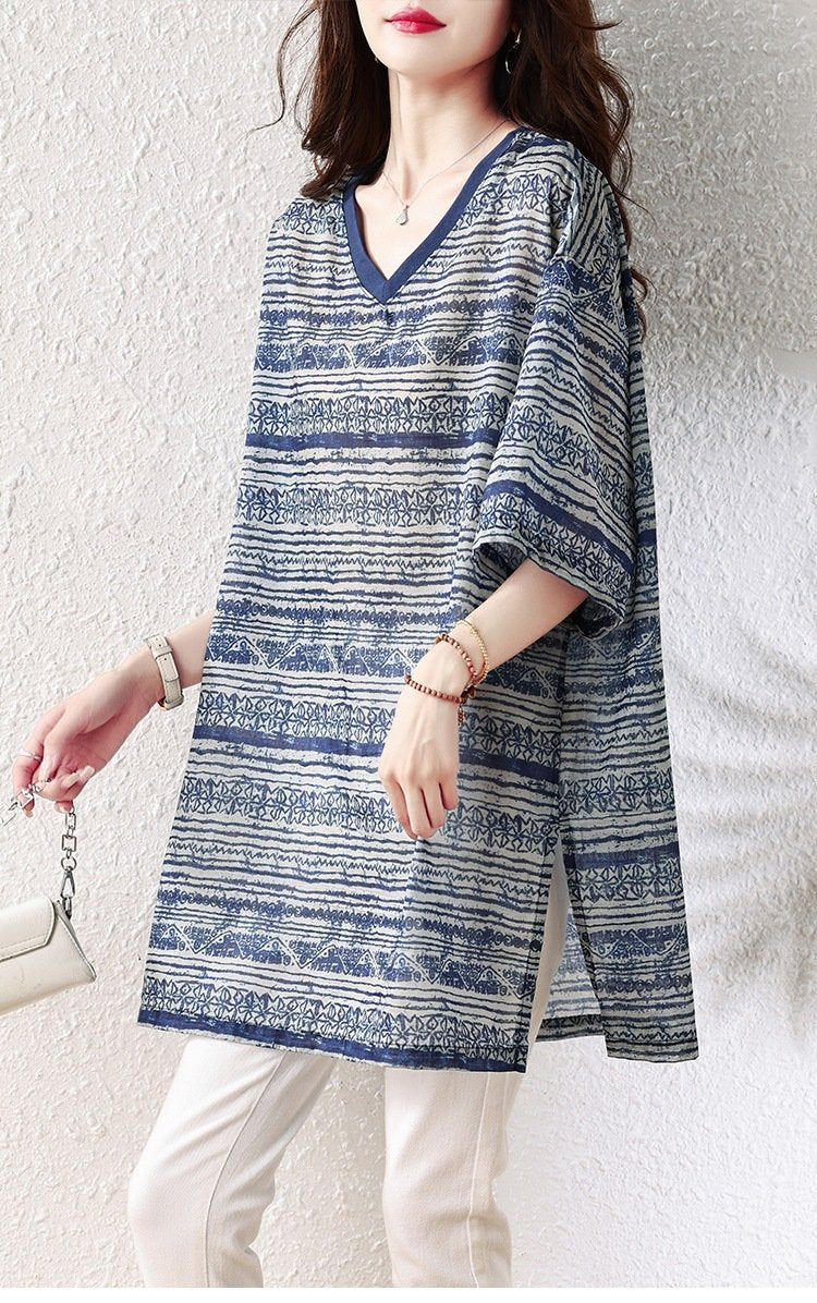 レディース トップス Tシャツ 半袖 プリント ゆったり 春夏 きれいめ 体型カバー 大きいサイズ Vネック 春 夏 上品 シャツ エスニック 襟付き レギュラー ポリエステル