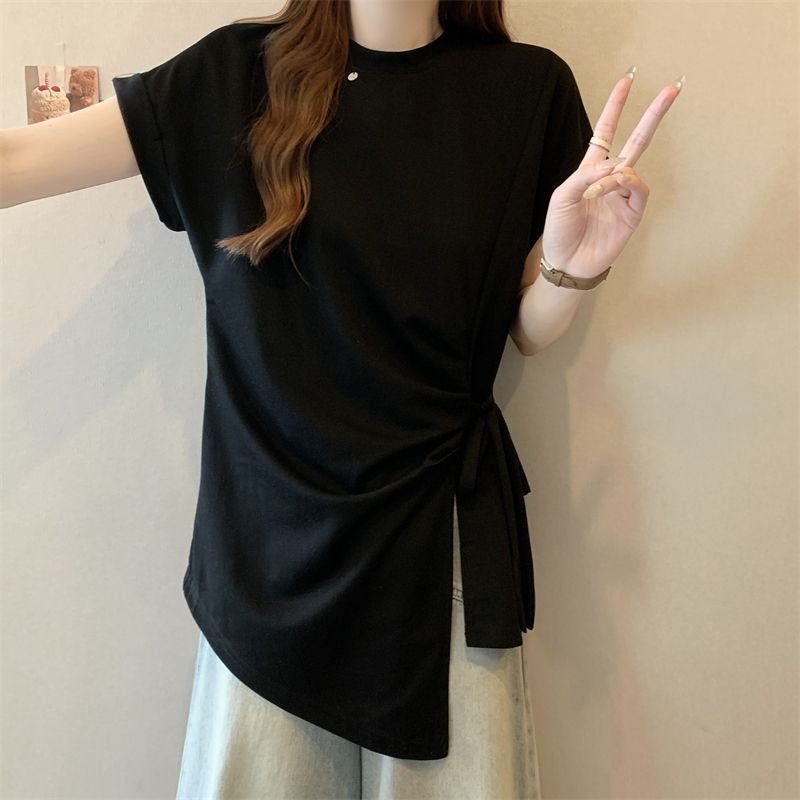 Tシャツ 半袖 ゆったり 春夏 カジュアル 春 夏 ラウンドネック レース ミモレ シャツ タイ レースアップ