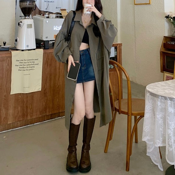 レディース コート アウター 上着 ロングコート キ シャツコート ロング 長袖 Vネック 襟付き 角襟 オーバーサイズ  フェミニン ストリート 前開き アメカジ きれいめ シンプル カジュアル 上品 おしゃれ こなれ感 ラフ メンズライク マニッシュ スポーティー ナチュラル 無地 春 秋 お出かけ 休日 楽ちん 暖かい 防寒 体型カバー 普段使い 着回し レイヤード トレンド 流行 定番 L XL 2XL 3XL 4XL 小さいサイズ 大きいサイズ ビッグ ゆったり ゆる 黒 ブラック カーキ