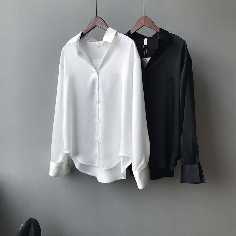 シャツ 長袖 無地 ゆったり 夏 秋冬 カジュアル きれいめ 春夏 前開き ミニ 白 秋 シンプル 冬 上品 サテン タイ レギュラー ポリエステル 白シャツ