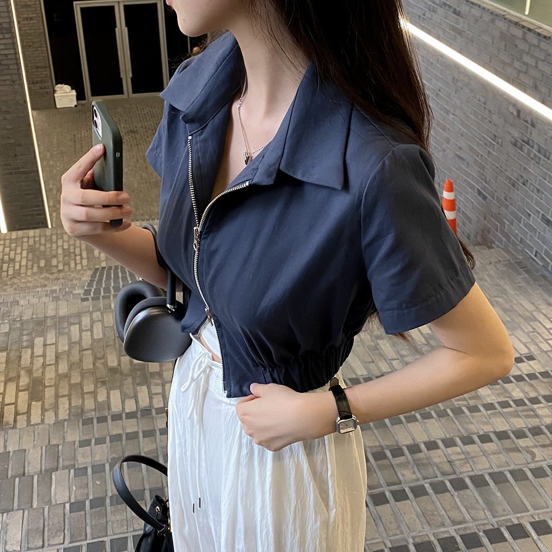 レディース シャツ コート 半袖 無地 春夏 レトロ 前開き 春 ショート 夏 シンプル 襟付き ファスナー レディースシャツ