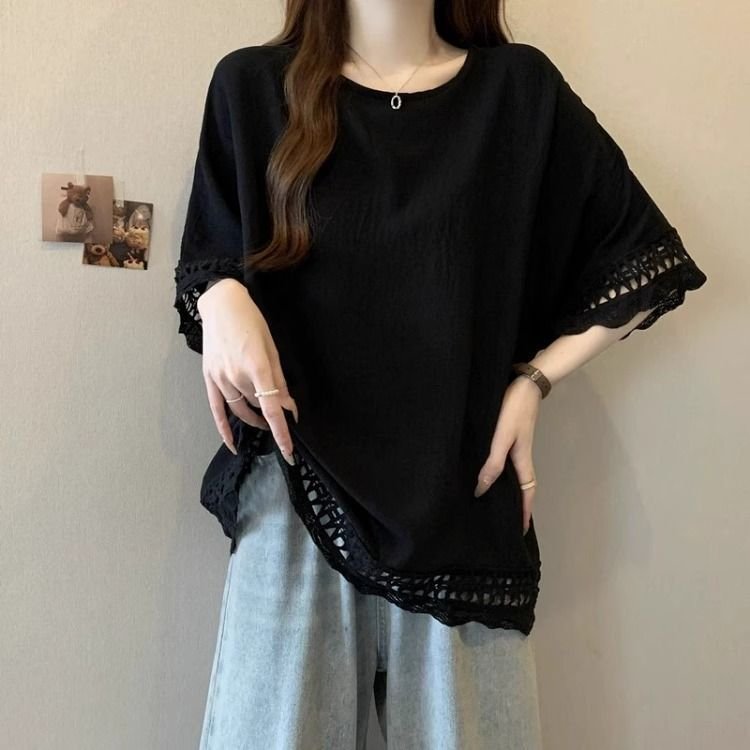トップス 半袖 無地 ゆったり 春夏 カジュアル 大きいサイズ 春 夏 ラウンドネック レース シンプル ミモレ ポリエステル