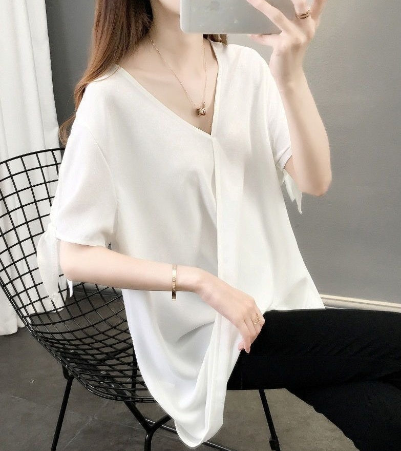 トップス シャツ シフォンシャツ 5分袖 Vネック プルオーバー 袖リボン 肌見せ かわいい 可愛い 大人可愛い きれいめ シンプル レトロ おしゃれ かっこいい カジュアル こなれ感 個性的 魅力的 主役級 存在感 抜け感 春 夏 ベーシック ナチュラル エレガント キュート ガーリー 無地 女性用 レディース ママ マタニティ OL 通勤 オフィス 学生 通学 デート お出かけ ランチ 旅行 休日 カフェ ショッピング 普段使い 着回し 重ね着 L XL 2XL 3XL 4XL 5XL 6XL