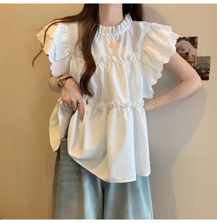 レディース ブラウス シャツ トップス 半袖 ノースリーブ ゆったり スリム 春夏 きれいめ 体型カバー 前開き 袖なし 春 夏 ハイネック 上品 フリル プルオーバー スタンドカラー タイ