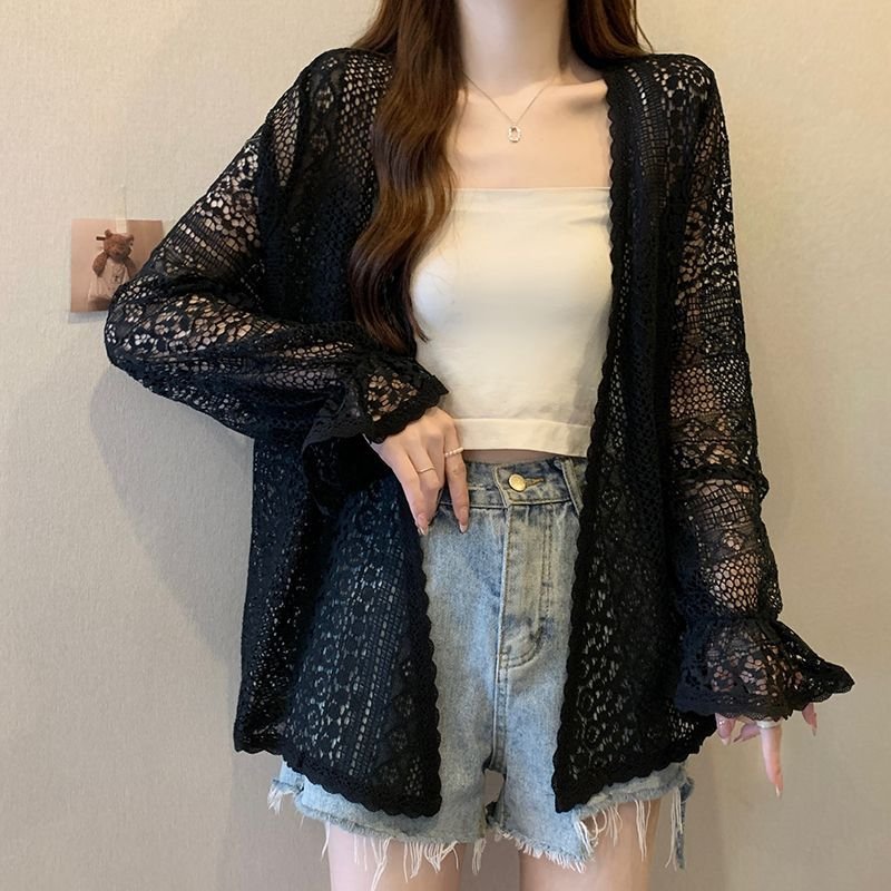 シャツ カーディガン 長袖 ゆったり 春夏 カジュアル 前開き 春 夏 レース ミモレ ベルスリーブ ポリエステル