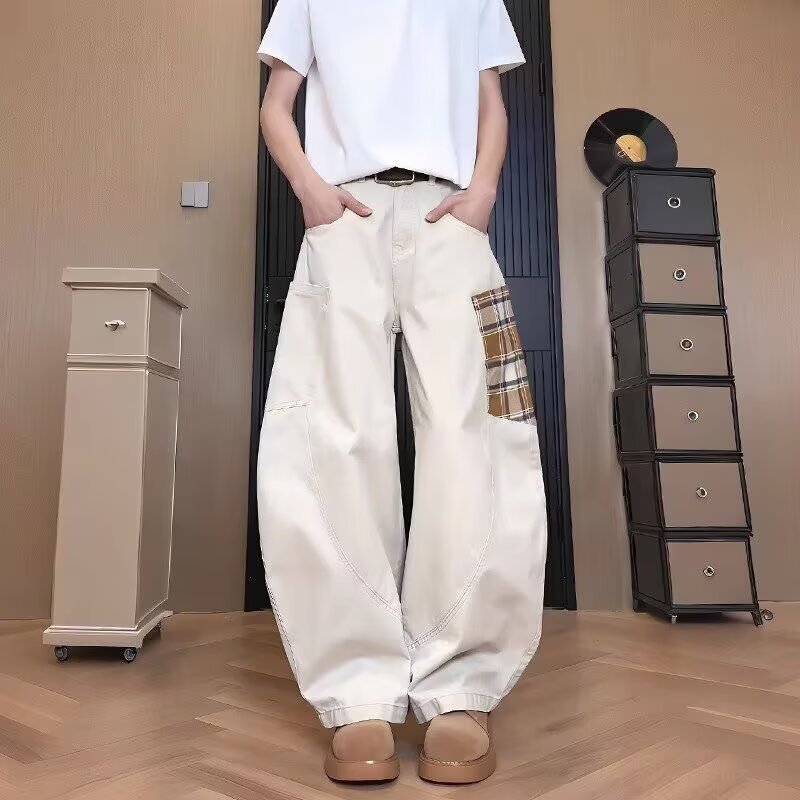 パンツ ボーダー ストライプ チェック柄 ゆったり ワイド コットン 綿 デニム 秋冬 秋 カジュアル アメリカン 冬 ロング デニムパンツ ポケット
