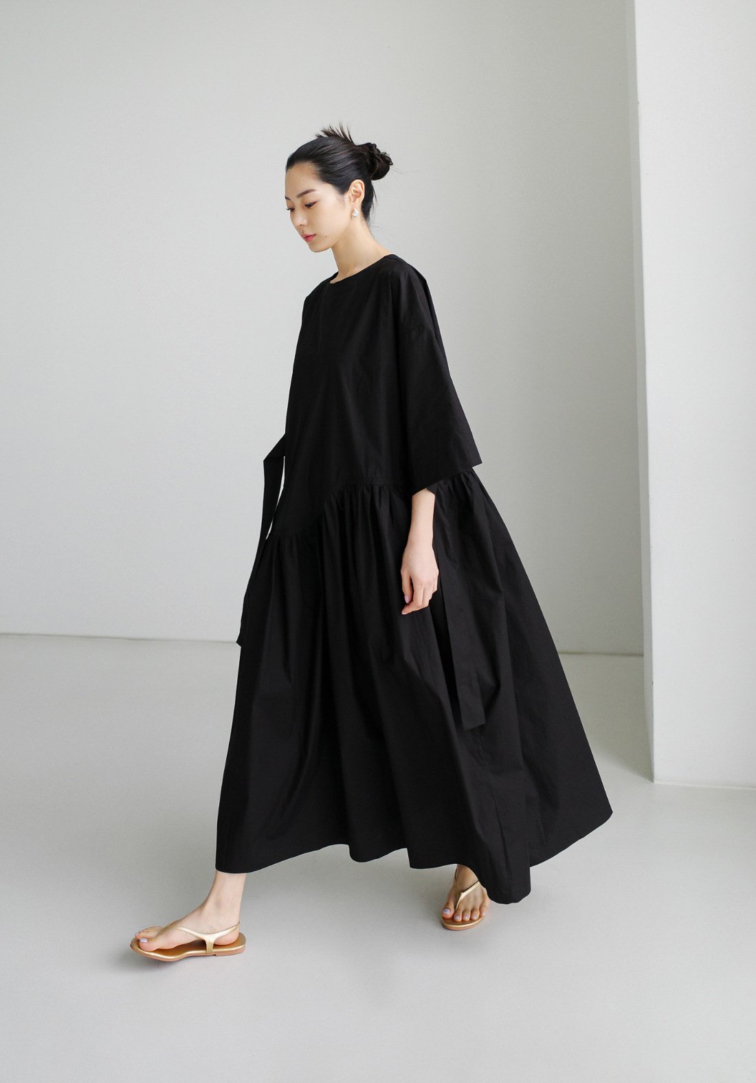 ワンピース 長袖 無地 春夏 カジュアル きれいめ 春 夏 ラウンドネック シンプル ロング 上品 大きい 切り替えデザイン