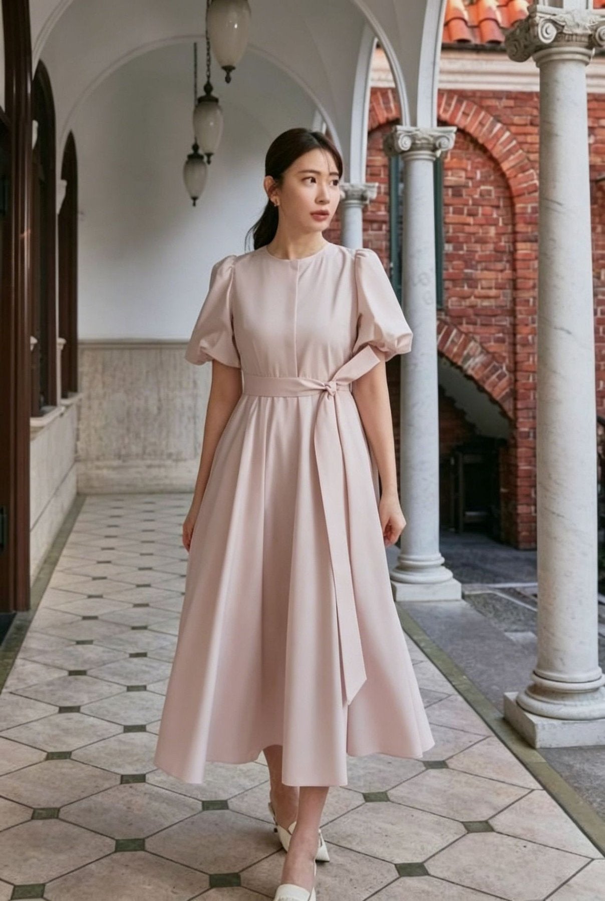 ワンピース 半袖 無地 スリム 春夏 きれいめ 春 夏 ラウンドネック シンプル 上品 リボン ウエストリボン エレガント ハイウエスト