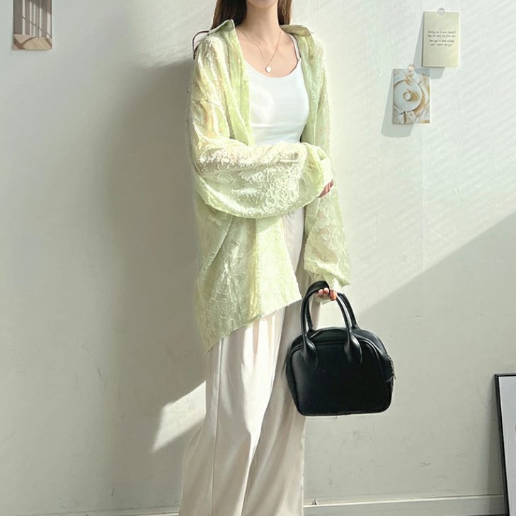 シャツ トップス 長袖 無地 春夏 きれいめ 旅行 前開き 春 夏 レース シンプル 上品 シフォン ビーチ タイ レギュラー ポリエステル