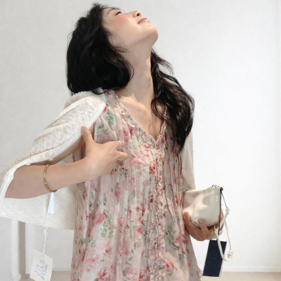 レディース シャツ トップス ノースリーブ 花柄 スリム コットン 綿 春夏 カジュアル 前開き 袖なし Vネック 春 夏 膝丈 フラワー フリル プルオーバー グリーン ロマンティック
