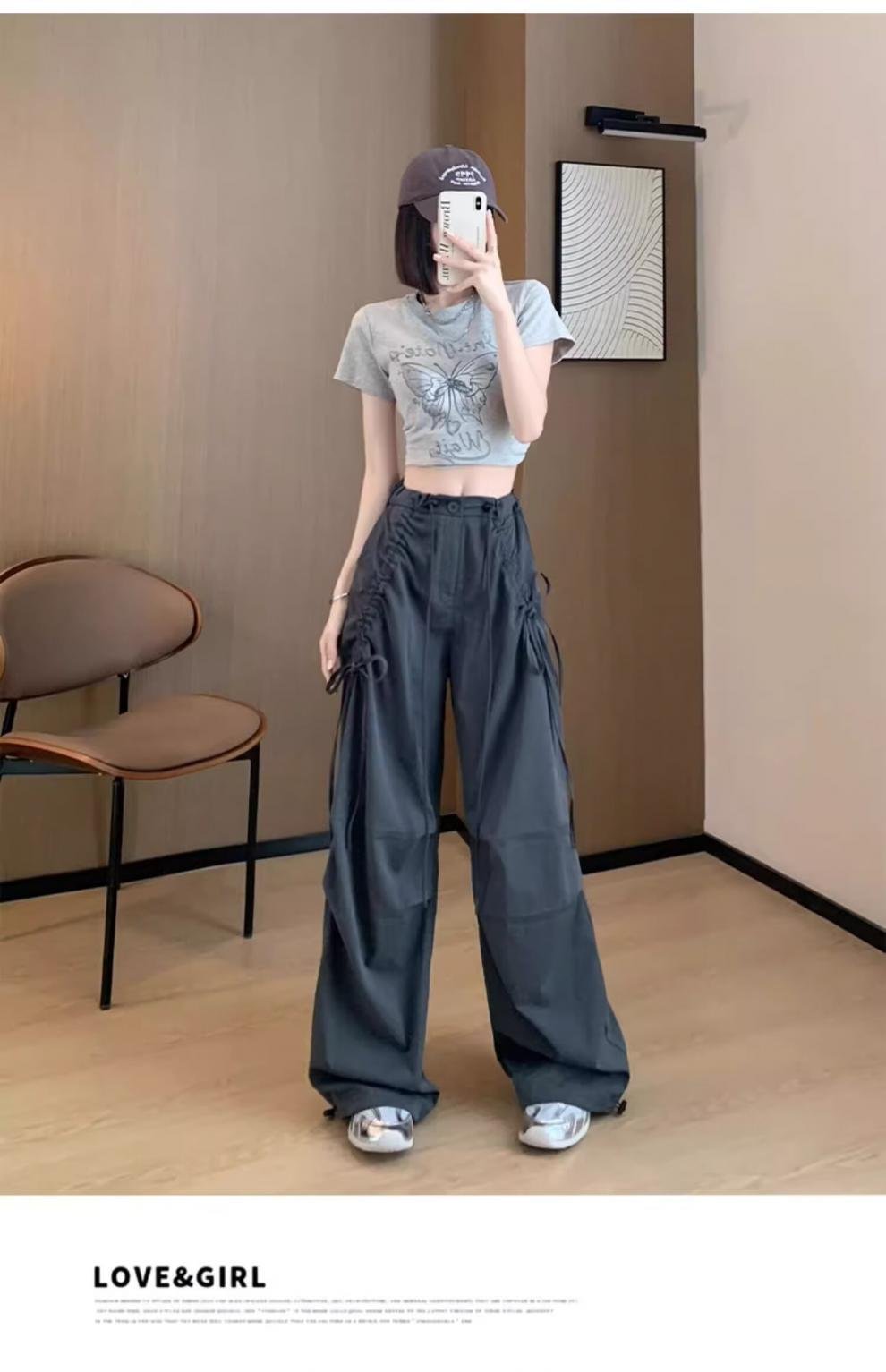 レディース パンツ ワイド カジュアル レトロ ストレート ワークパンツ 切り替えデザイン ストリート ポリエステル