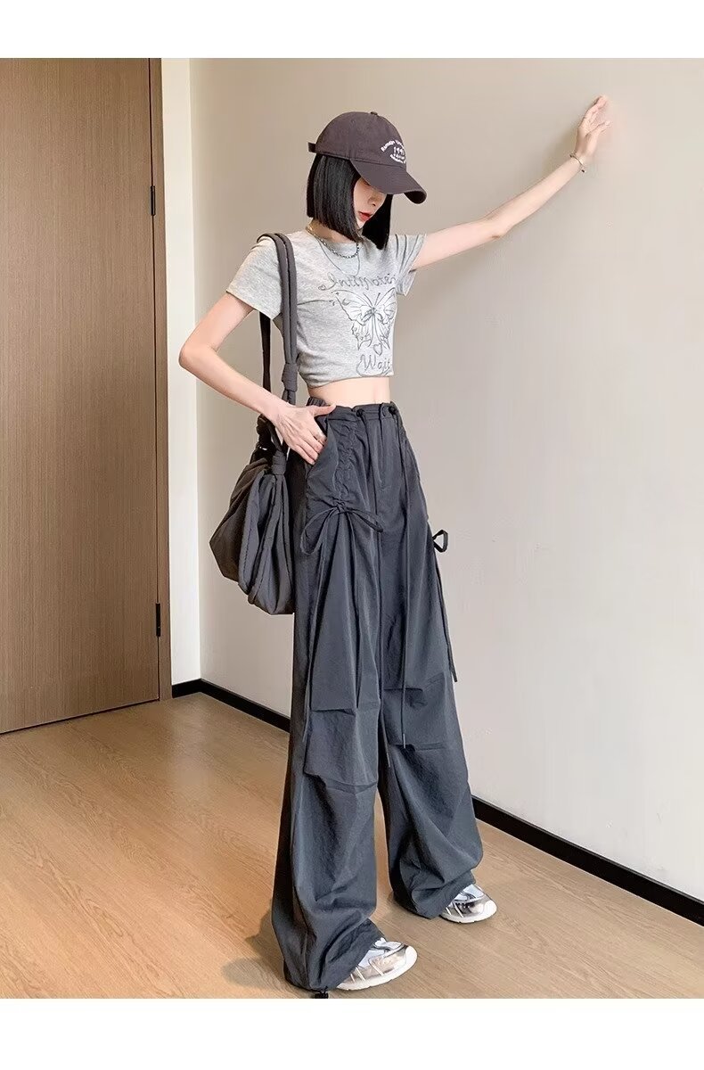 レディース パンツ ワイド カジュアル レトロ ストレート ワークパンツ 切り替えデザイン ストリート ポリエステル