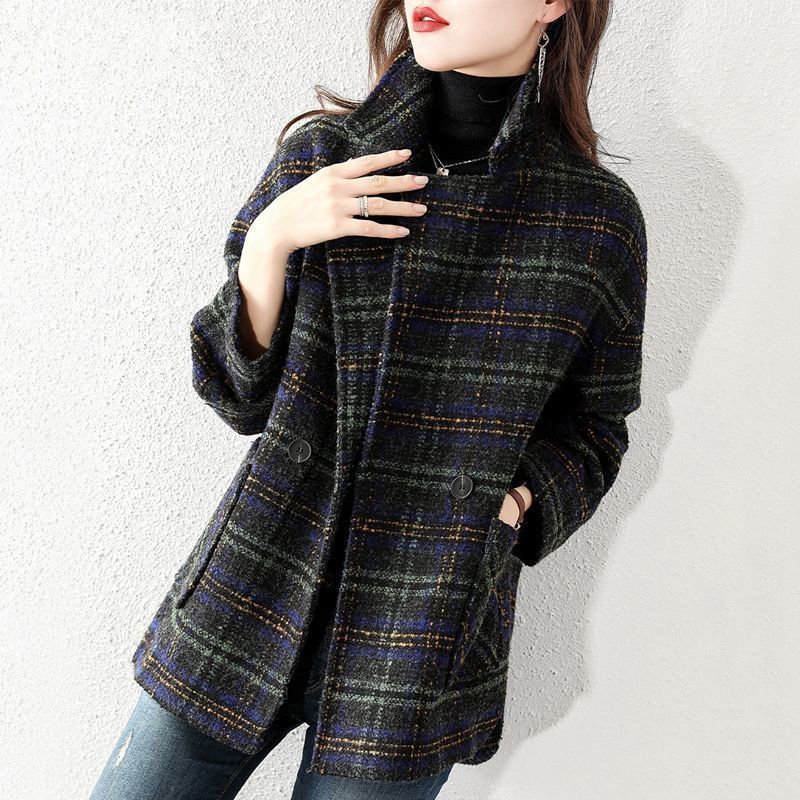 レディース コート ジャケット 長袖 チェック柄 ゆったり 春夏 カジュアル レトロ 体型カバー 春 夏 膝丈 秋 シンプル 冬 ウール 切り替えデザイン ボタン ポリエステル 秋冬