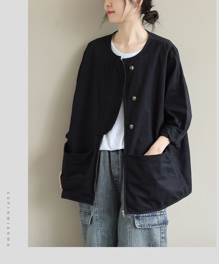 レディース シャツ コート ジャケット 長袖 無地 ゆったり 秋 カジュアル レトロ 体型カバー 大きいサイズ 前開き ラウンドネック シンプル ブラック 上品 ポケット ミリタリー グリーン
