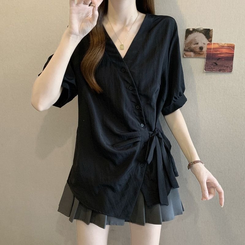 レディース シャツ トップス Tシャツ 半袖 無地 スリム 春夏 きれいめ 通勤 大きいサイズ 前開き Vネック 春 夏 シンプル リボン 個性的 レギュラー ボタン ポリエステル