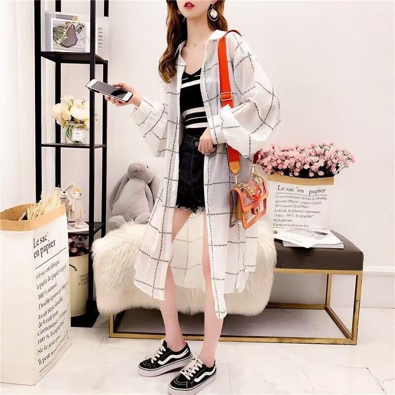レディース シャツ コート 長袖 チェック柄 ゆったり 夏 体型カバー 春夏 前開き ロング 薄手 切り替えデザイン 襟付き インナー ポリエステル 森ガール UVカット