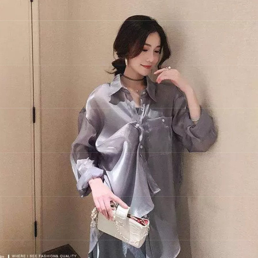 レディース シャツ カーディガン 長袖 無地 春夏 前開き 春 夏 膝丈 シンプル シフォン 薄手 切り替えデザイン シースルー