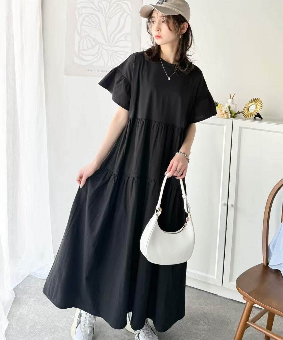 ワンピース 長袖 春夏 カジュアル プリーツ 春 夏 ラウンドネック ロング フリル ミディアム丈