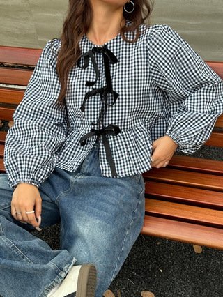 レディース トップス Tシャツ 長袖 ボーダー ストライプ チェック柄 ゆったり 春夏 カジュアル 体型カバー 春 ショート 夏 ラウンドネック シャツ エレガント 蝶 ポリエステル